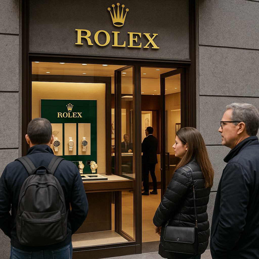 Außenansicht einer Rolex‑Boutique mit wartenden Kunden; die Szene macht hohe Nachfrage sichtbar.