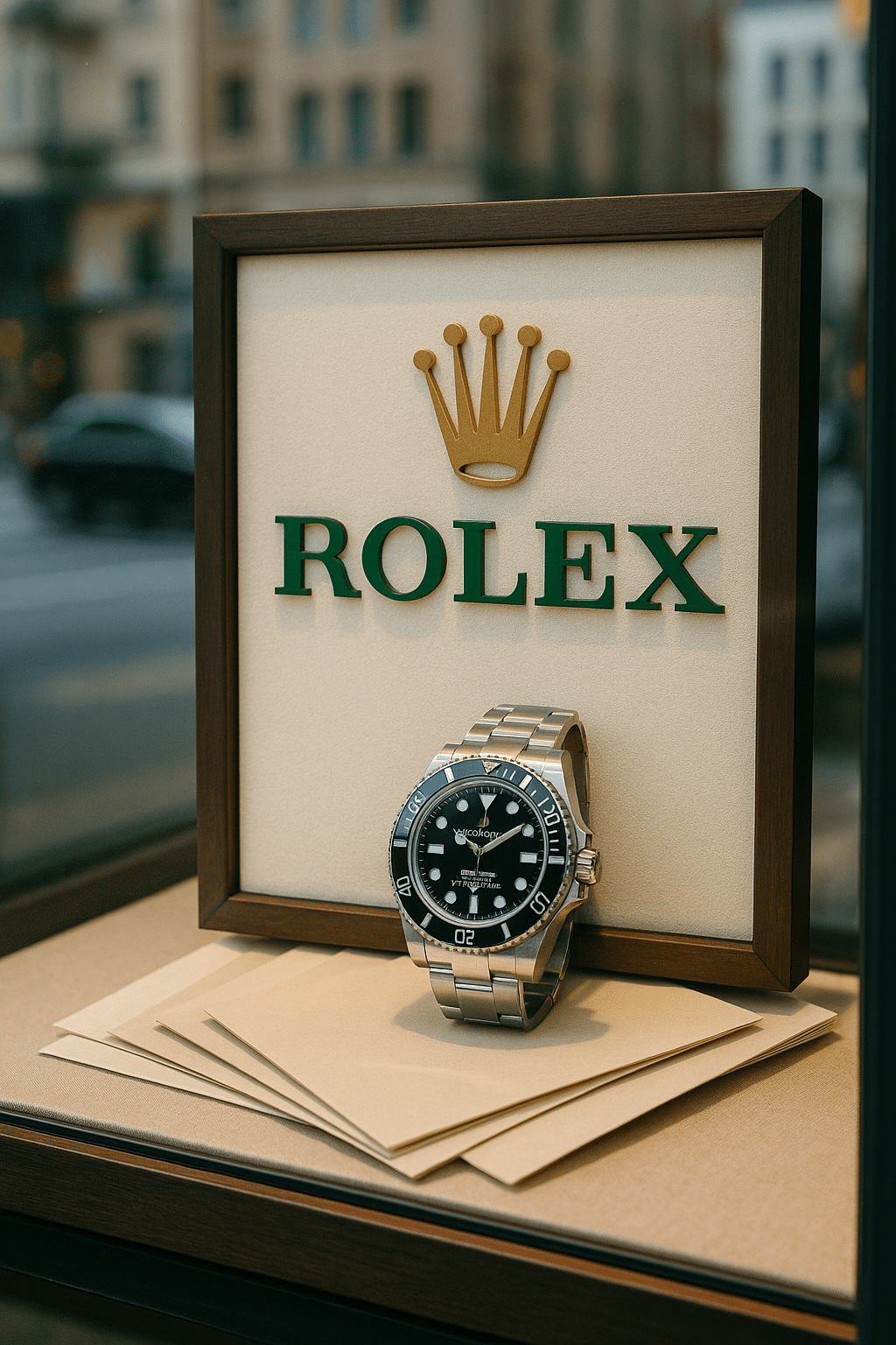 Schaufenster‑Nahaufnahme einer Rolex Submariner aus Edelstahl als Sinnbild für das Stahl‑Segment.