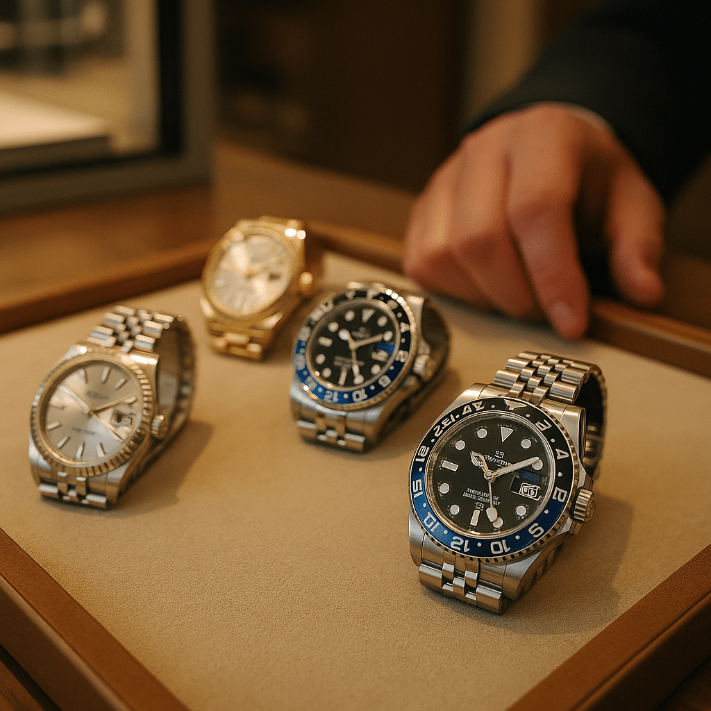 Rolex Datejust mit silbernem Zifferblatt auf einer abstrahierten Performance‑Grafik.