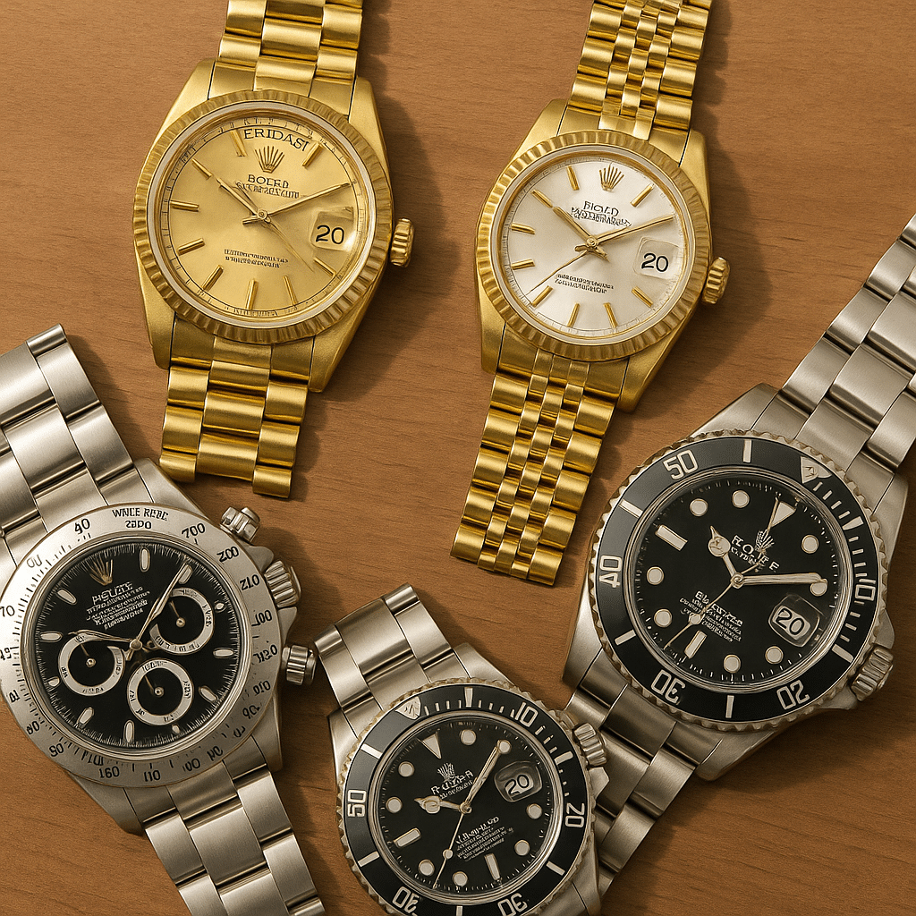 Zwei Uhren in der Hand: eine Stahl‑GMT/Datejust neben einer gelbgoldenen Day‑Date im Direktvergleich.