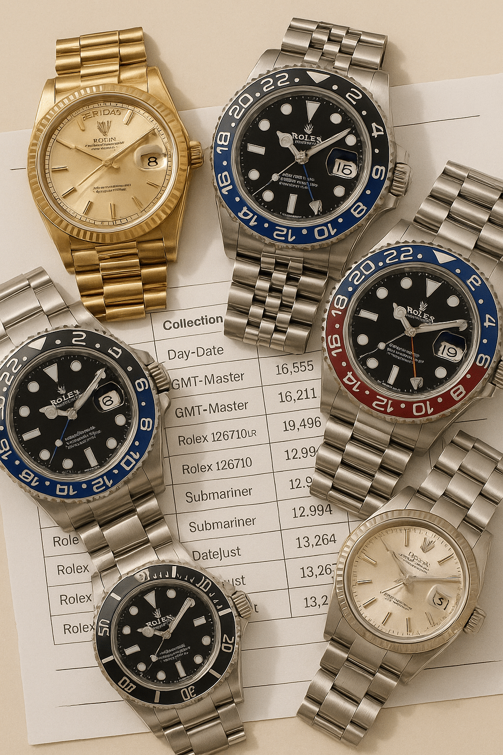 Mehrere Rolex‑Modelle nebeneinander; daneben ein ausgedruckter Markt‑Zeitstrahl.