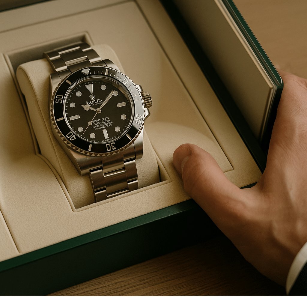 Rolex Submariner in einer Boutique mit warmer Beleuchtung