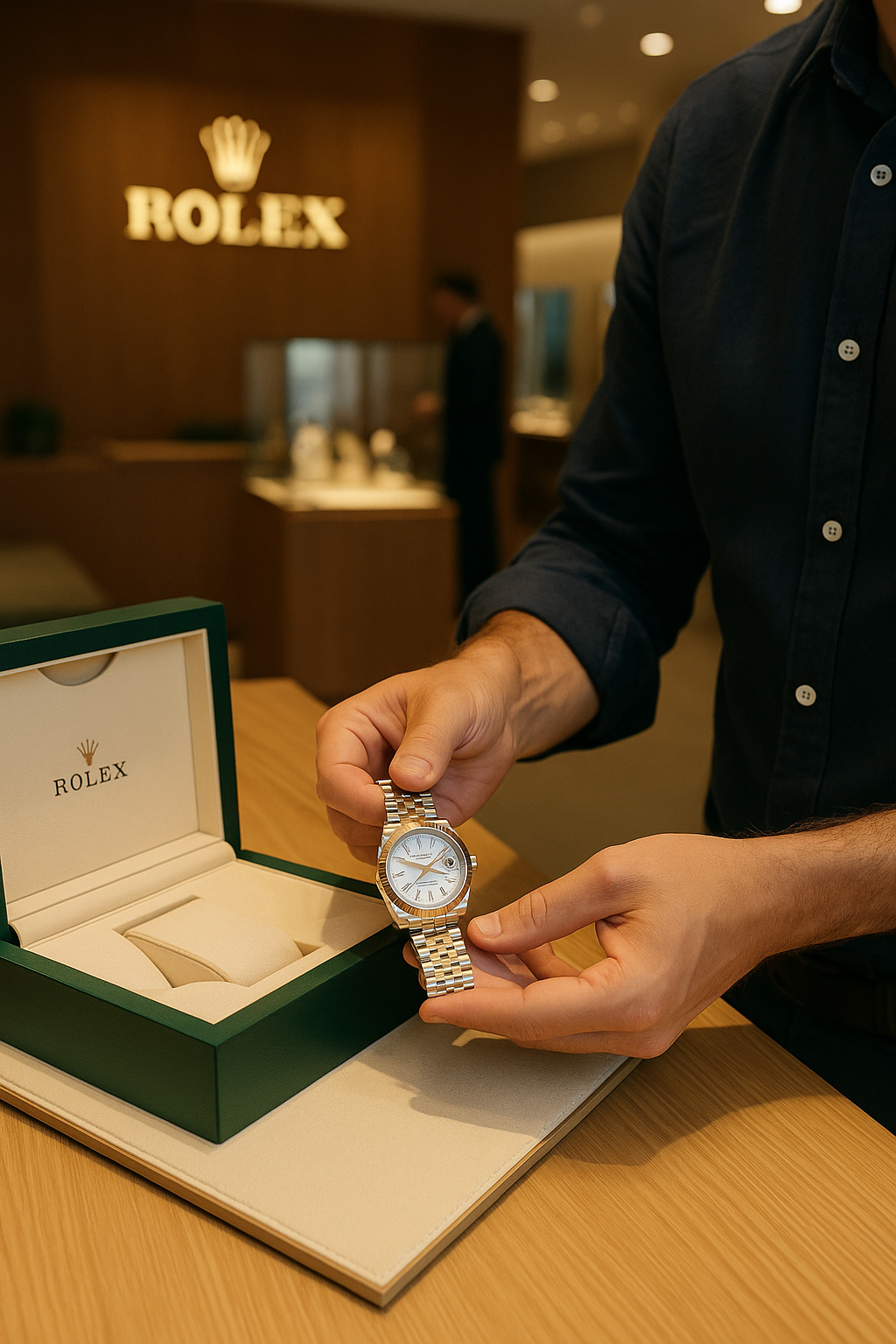 Mann präsentiert Datejust in grüner Box – Boutique-Licht zeigt Details