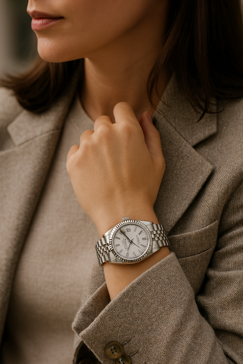 Frau mit Datejust, geriffelter Lünette und Jubilee-Band – moderne Cross-Gender-Wirkung