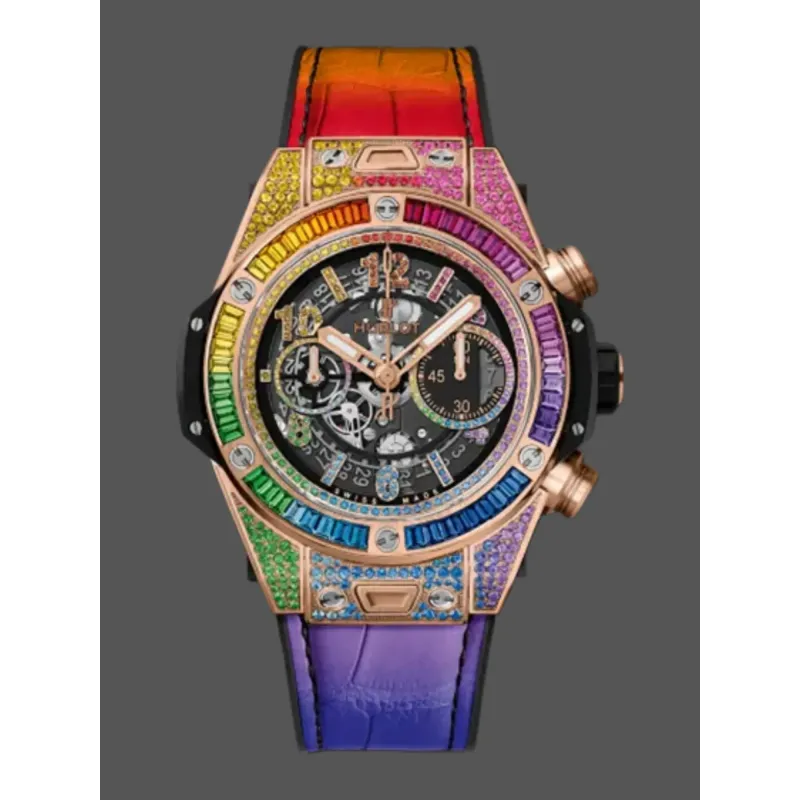 Hublot Rainbow Chronograph 411.OX.9910.LR.0999 Replica - Diamantluenette Lederarmband