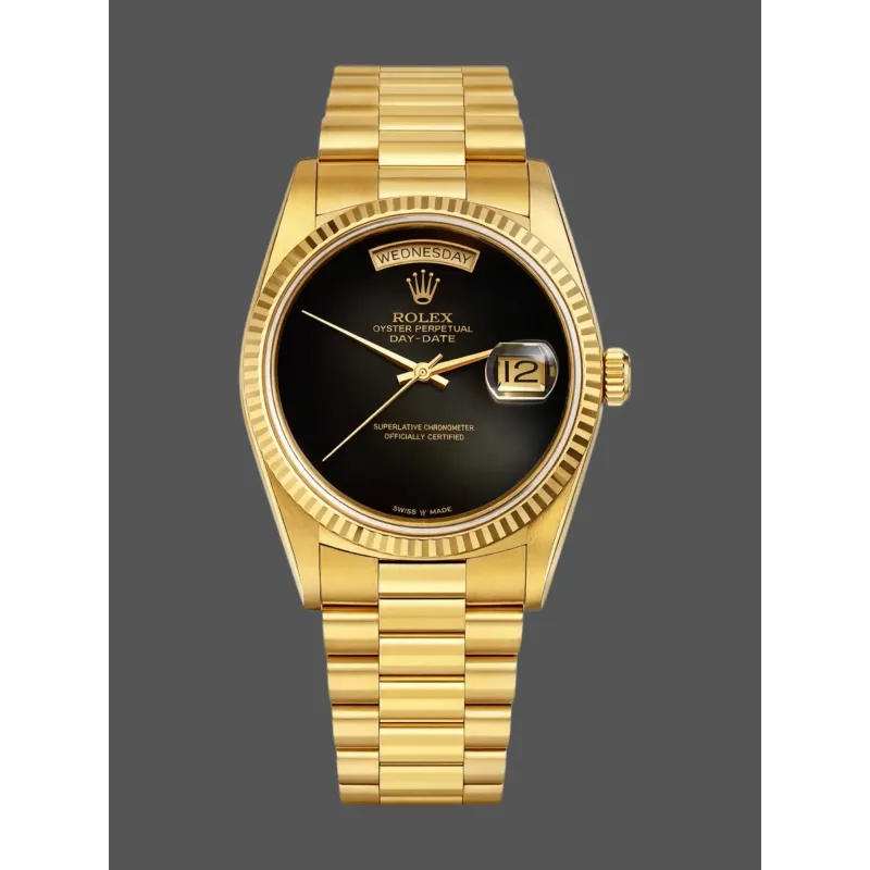 Rolex Day-Date 36 Unisex 18038 Replica - Schwarzes Zifferblatt Geriffelte Luenette