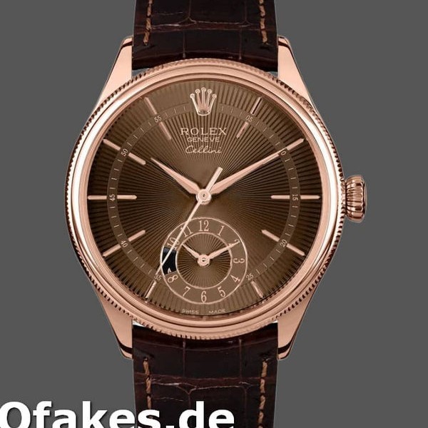 Replica Rolex Cellini Dual Time 50525 Brown Guilloche Dial Brown Leather Strap 39mm Herren Replica Uhren