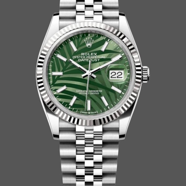 Replica Rolex Datejust 36mm Fluted Lünette Grün Palm Index Zifferblatt Jubiläum 126234 0047
