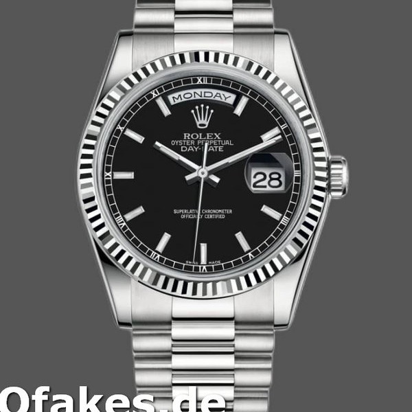 Replica Rolex Day-Date 118239 Weißgold Schwarzes Zifferblatt Geriffelte Lünette 36mm Unisex Replica Uhren