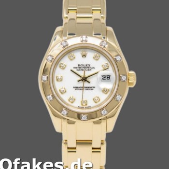 Replica Rolex Pearlmaster 80318 Gelbgold Weißes Zifferblatt 29MM Lady Uhren Replica Uhren